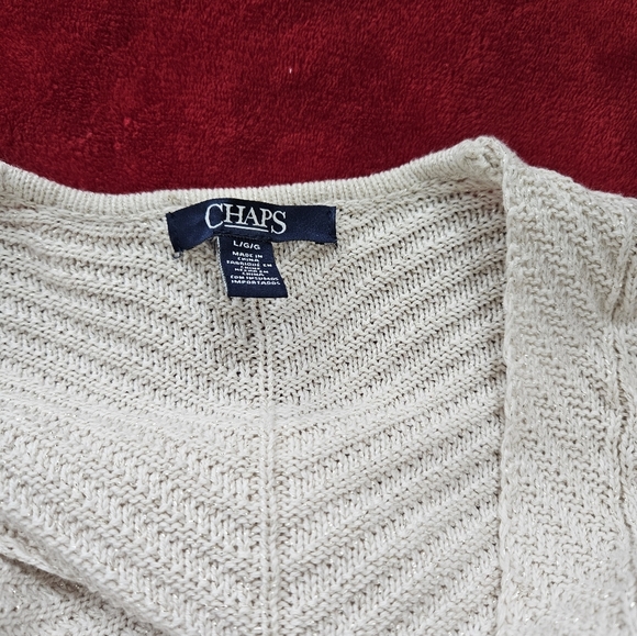 Chaps Women Large V-Neck Ivory Metallic Gold Shimmering Knit Sweater - Picture 7 of 8